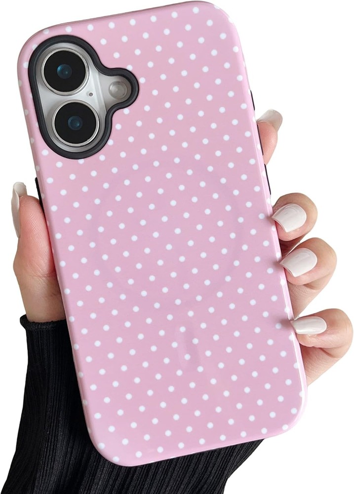 Magnetic Case for iPhone 16, Cute Polka Dot Phone Case for Girl Women, Pink