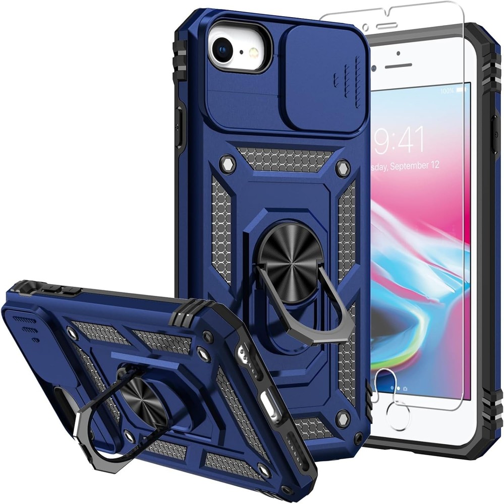 for iPhone SE 2022/3rd/2020 8/7 Case with Screen Protectors and Camera Cover, Bl