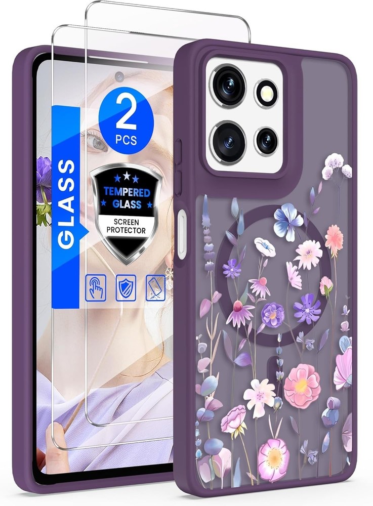 Motorola Moto G Power 5G 2025/2026 Floral Phone Case with Screen Protector, Blue