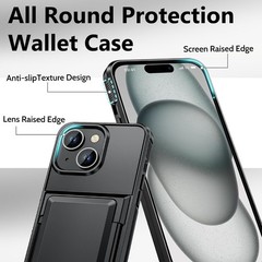 Heavy Duty Shockproof Wallet Case for iPhone 15 with Card Holder [Max 5 Cards]