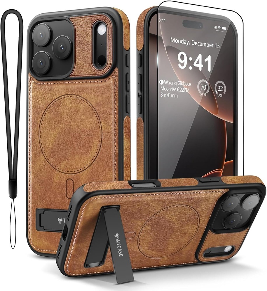 Magnetic iPhone 17 Pro Max Leather Case, Built-in Invisible Stand, Brown