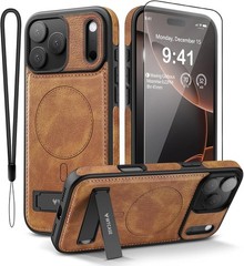 Magnetic iPhone 17 Pro Max Leather Case, Built-in Invisible Stand, Brown