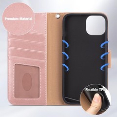 iPhone 15 Plus Case with Card Holder and Wrist Strap Wallet Flip Cover, Rose Gol
