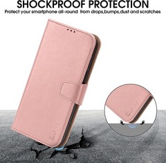 iPhone 15 Plus Case with Card Holder and Wrist Strap Wallet Flip Cover, Rose Gol