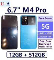 6.7″ M4 Pro Smartphone 12GB+512GB 5G Dual SIM Android 10.0 Unlocked Mobile Blue