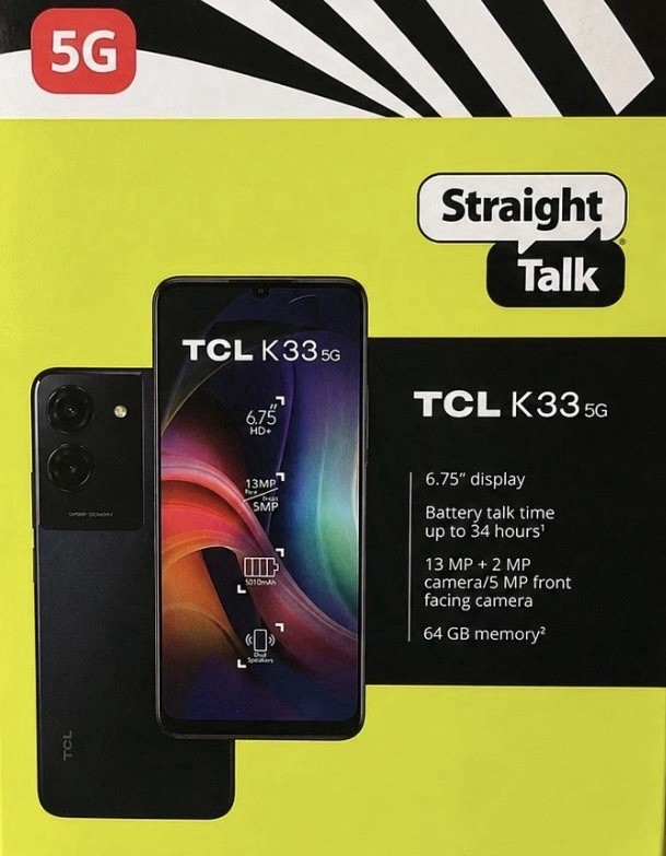 TCL K33 5G, 64GB, Gray – Straight Talk Wireless Prepaid Smartphone – Brand New